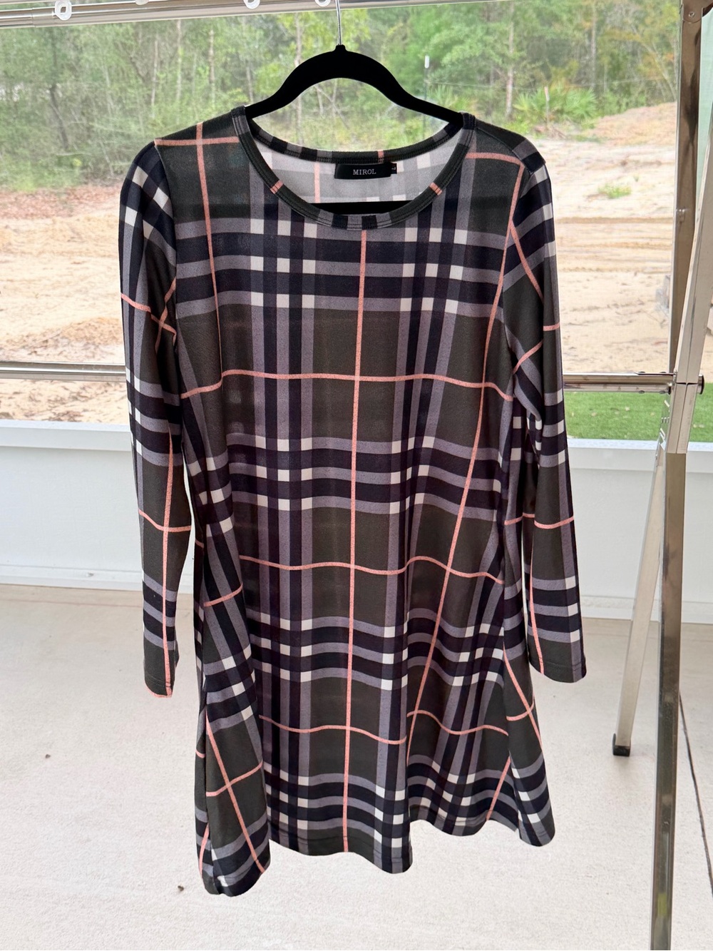 MIROL Plaid Long Sleeve Swing Tunic Dress Green Pink Size L